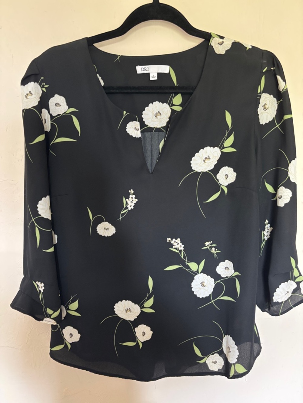 DR2 Black Floral Notch-Neck Blouse